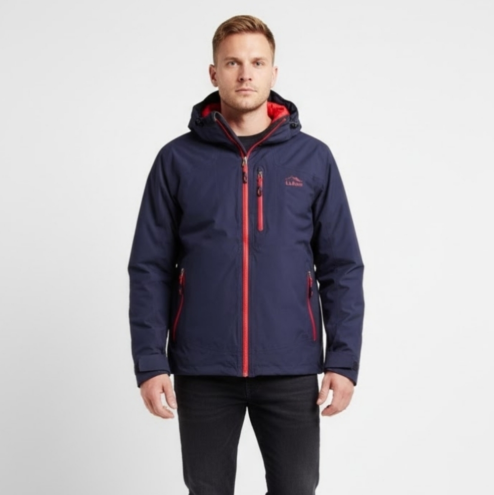 L.L. BEAN Men's‎ Medium Down Fill Winter Jacket Downtek Water Resistant Navy Red
